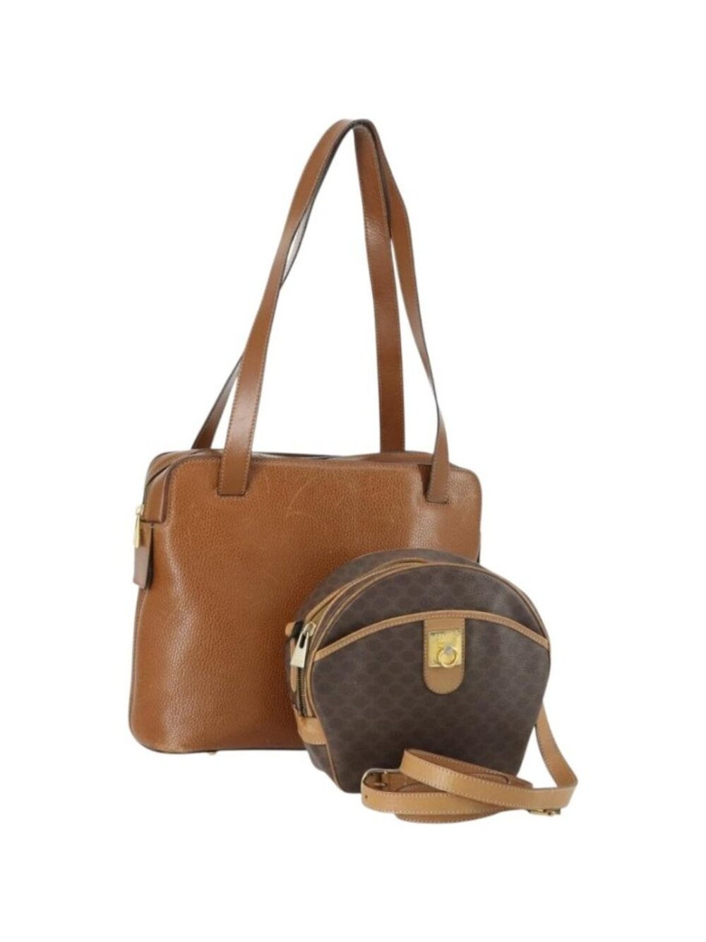 CELINE Macadam Canvas Shoulder Bag Leather PVC 2 Set Brown